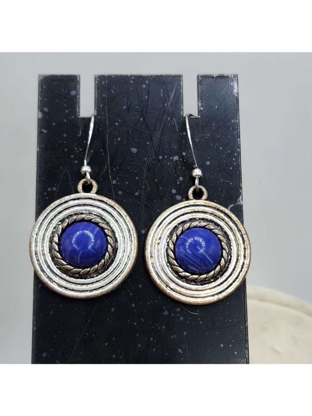 Silvertone Blue Cabochon Stone Earrings Round Pierced